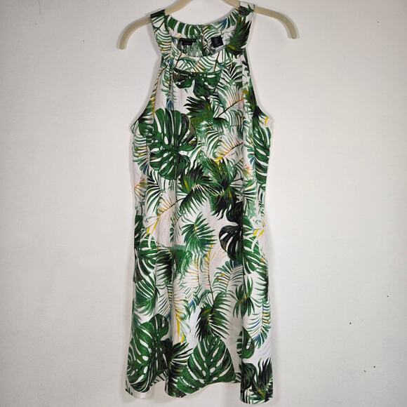 Tahari Dresses & Skirts - TAHARI 100% LINEN SUNDRESS Size M Coastal Palm Print Tropical Halter Dress